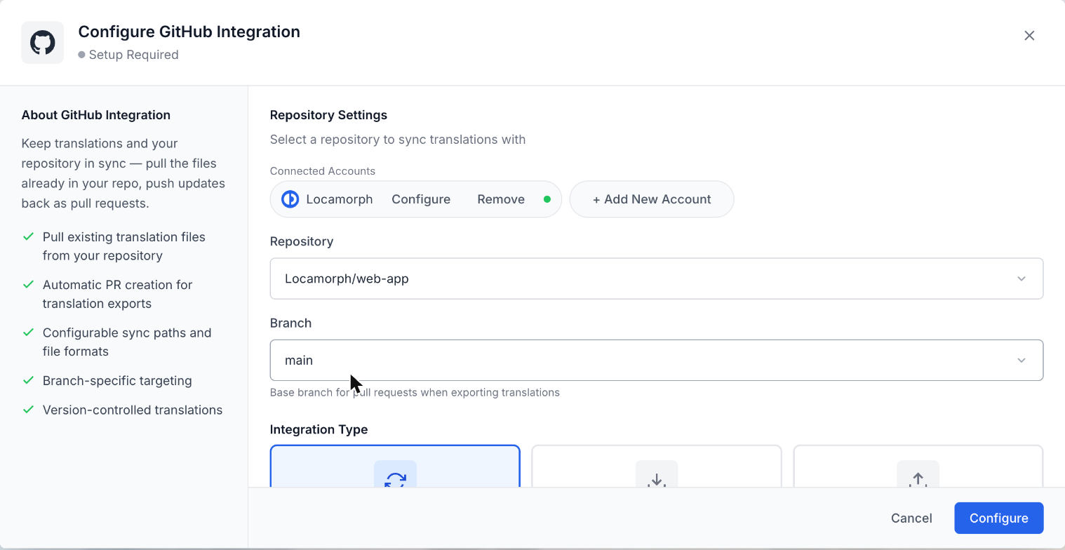 The GitHub configuration modal: the connected Locamorph account, the Locamorph/web-app repository selected, and main as the branch