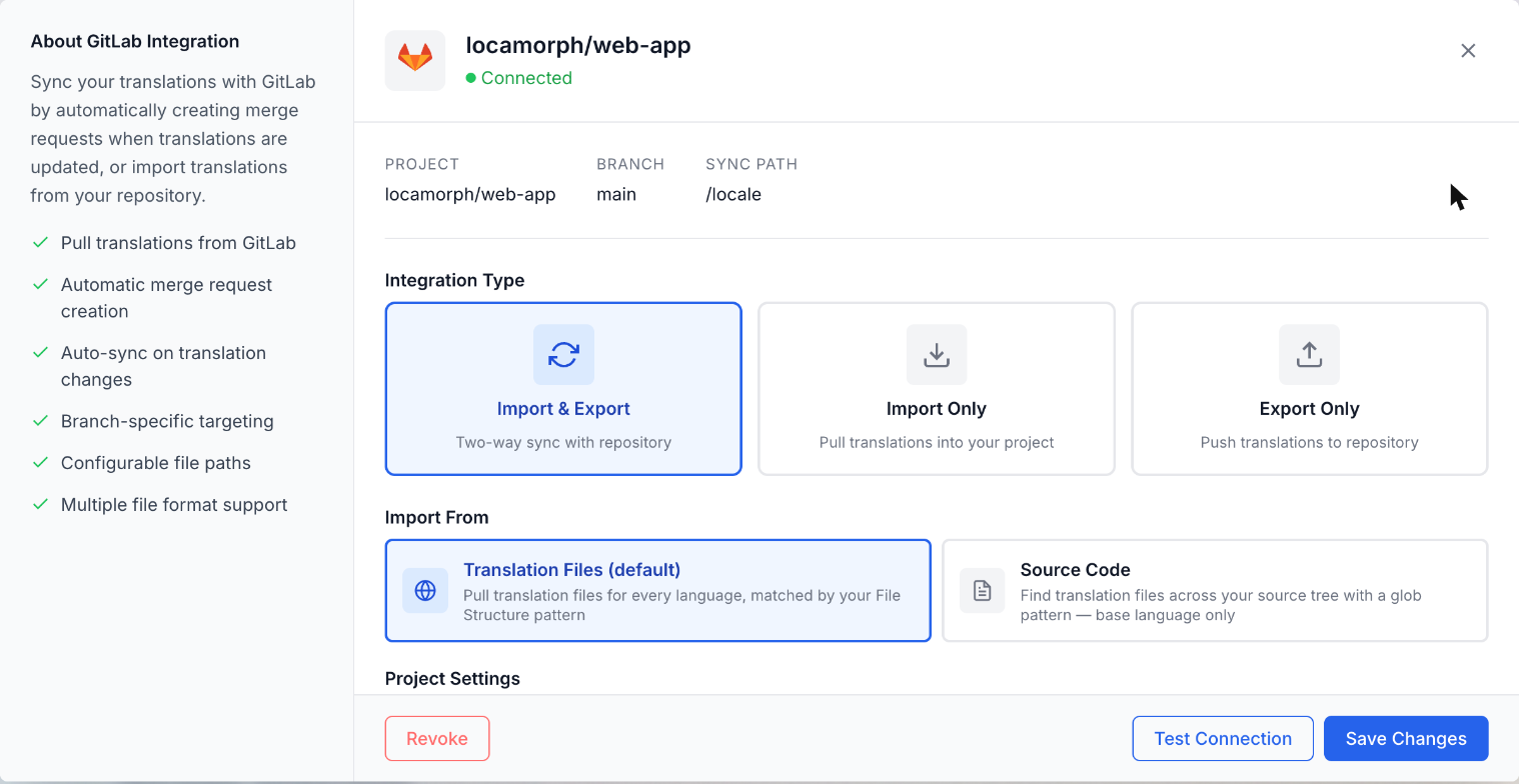 The GitLab configuration modal connected to locamorph/web-app: branch main, sync path /locale, and the Import & Export direction selected