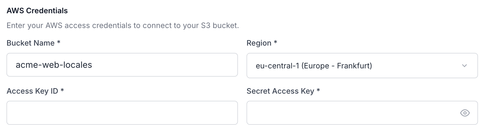 The AWS Credentials section of the S3 configuration modal: bucket name acme-web-locales, region eu-central-1, and fields for the access key ID and secret access key