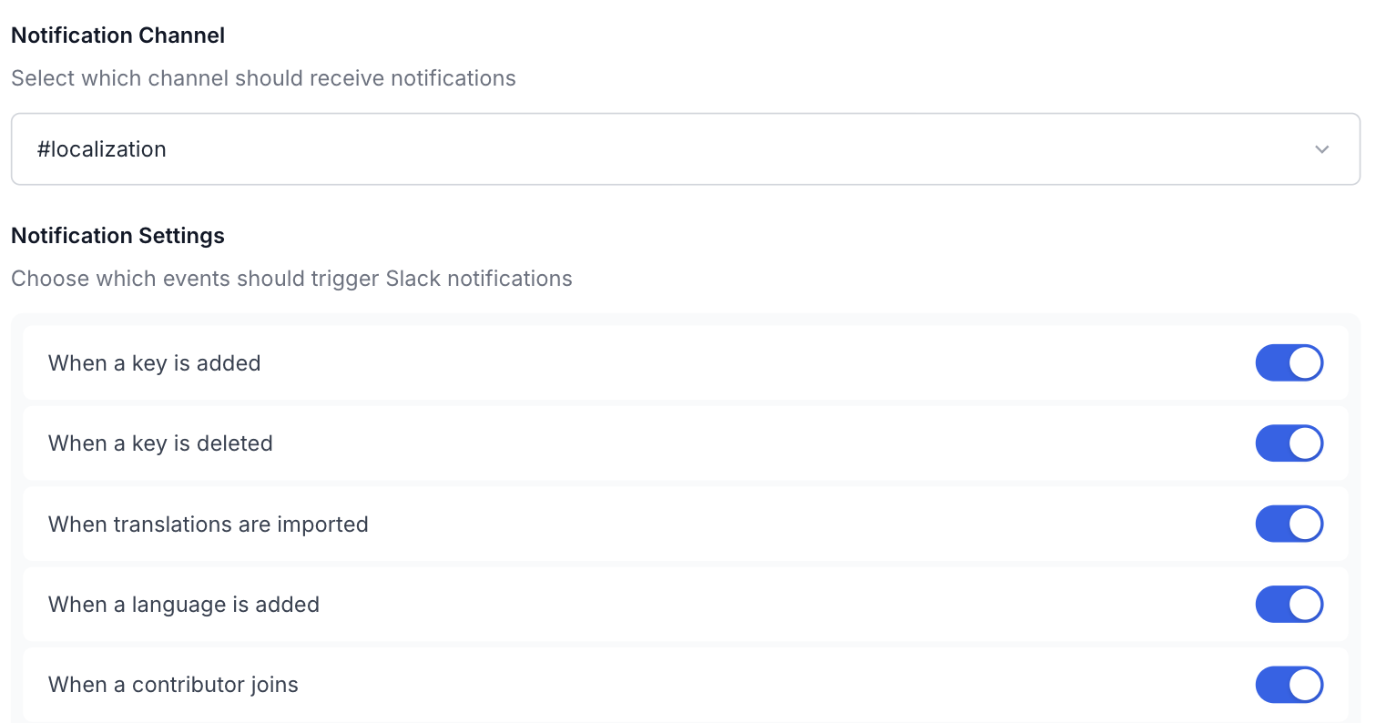 The Slack configuration modal: a notification channel picker set to #localization and event toggles for key added, key deleted, translations imported, language added and contributor joins