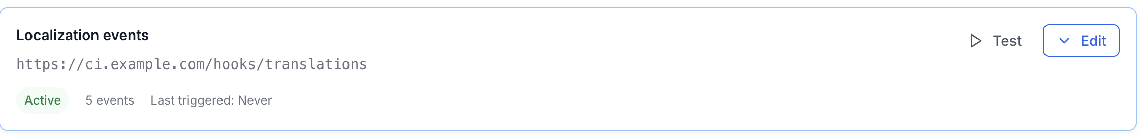 A webhook card named Localization events with its HTTPS URL, an Active badge, 5 events, last triggered time, and Test and Edit buttons
