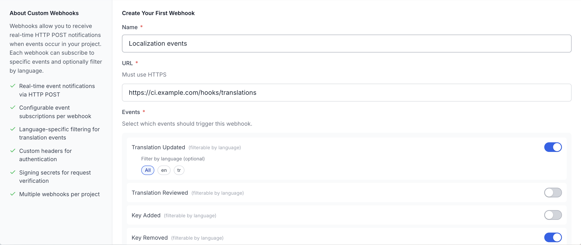 The webhook form: a name field reading Localization events, an HTTPS URL, and event toggles with an optional language filter per event