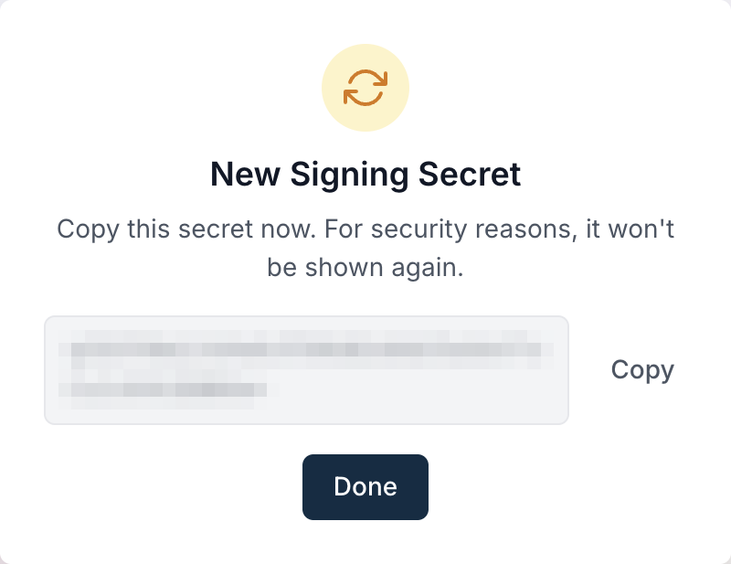 The signing secret modal: copy this secret now, for security reasons it won't be shown again